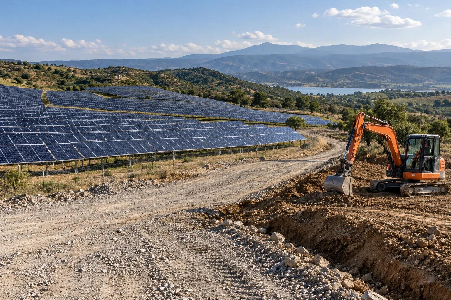 Ενδεικτική εικόνα υποδομών φωτοβολταϊκού πάρκου, δημιουργημένη με τεχνητή νοημοσύνη